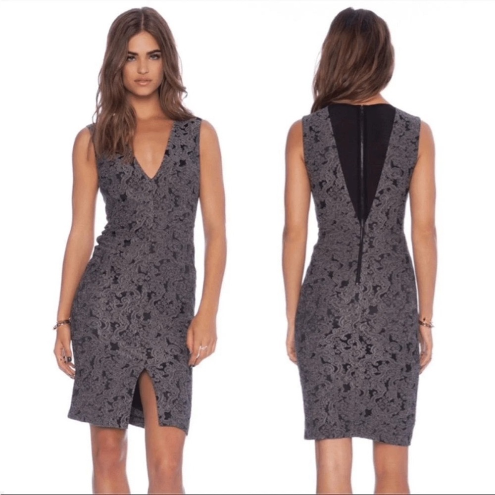Alice + Olivia Lace Brocade Sheath Dress Size 10 Black Gray V-Neck Cocktail NWT